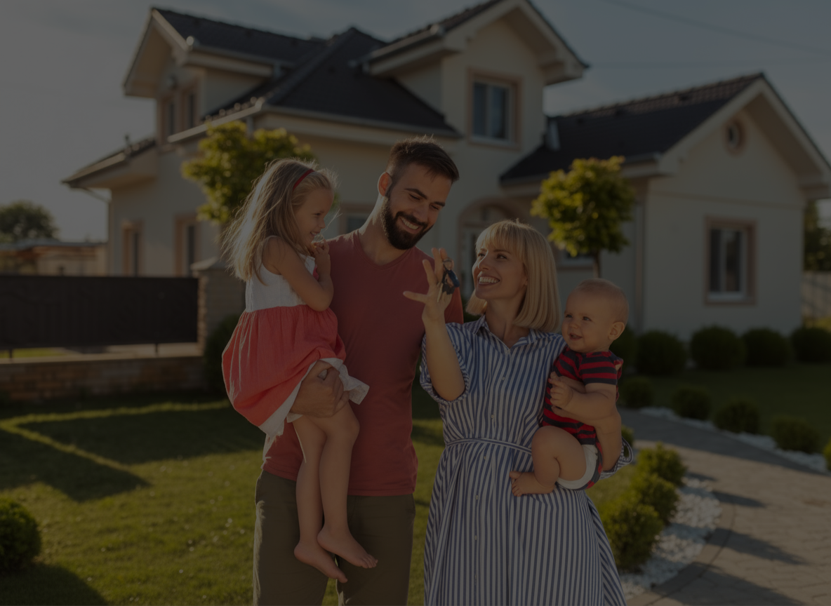 Famille heureuse devant une maison rénovée